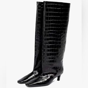NEW Elegant Black Croc-Embossed Knee-High Boots